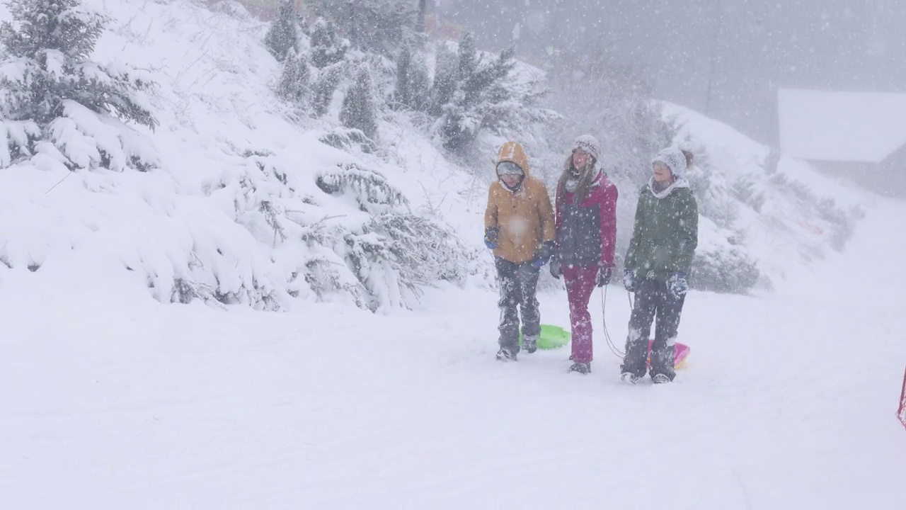 孩子们喜欢在暴风雪中玩雪橇视频素材