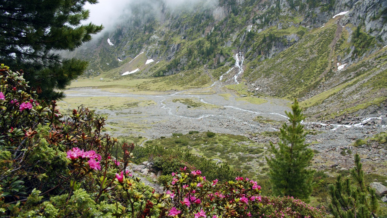 奥地利斯图拜的美丽风景。阿尔卑斯山脉的山谷和山上的瀑布，空气中有一些雾视频素材