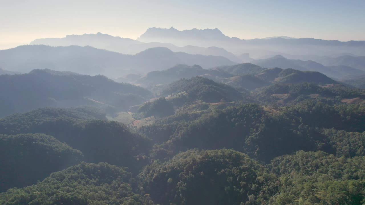 鸟瞰图，在国家公园热带雨林的山谷中，山峦和雾视频素材