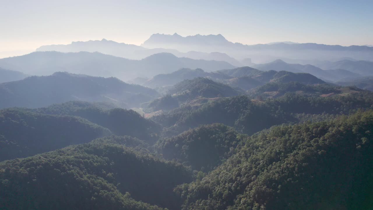 鸟瞰图，在国家公园热带雨林的山谷中，山峦和雾视频素材