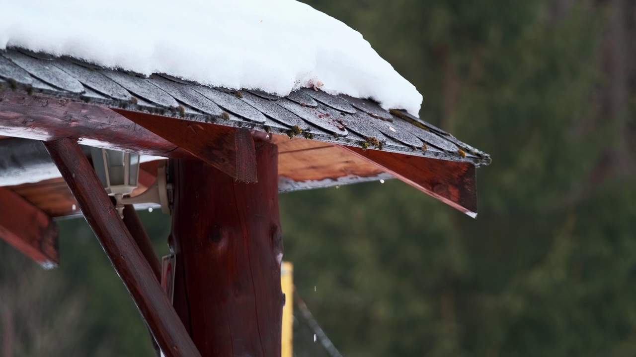 近距离拍摄到屋顶上的雪正在融化视频素材