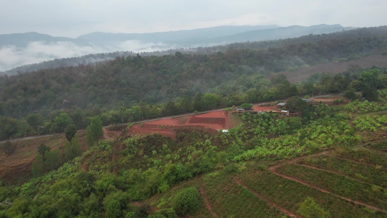 无人机在雾天的绿色、雨林和山丘的空中景观视图视频素材