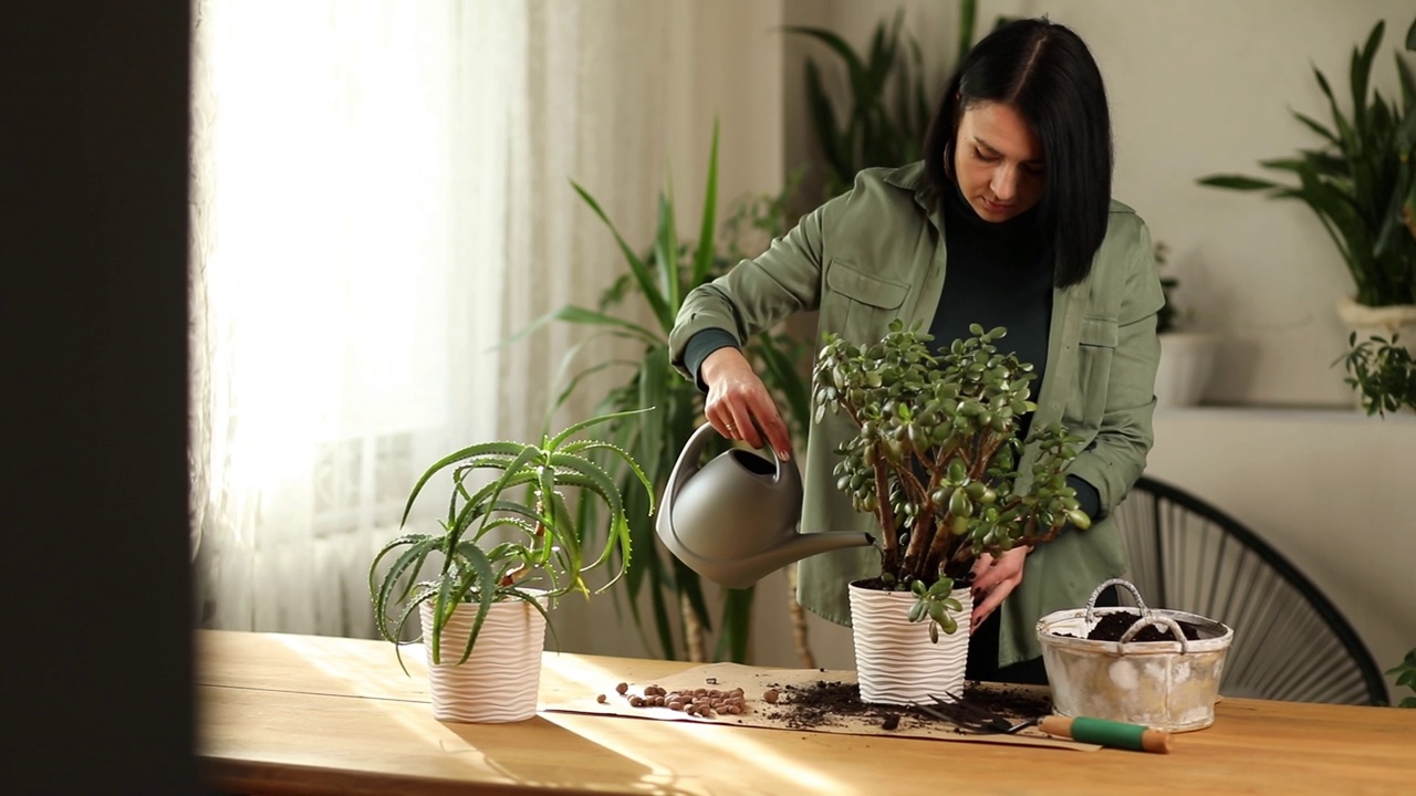 在将植物移植到新的花盆后，妇女在家里浇水视频素材