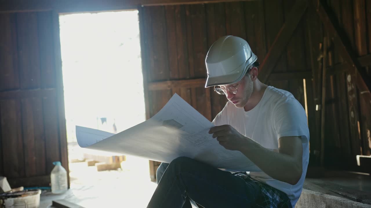 在阳光明媚的日子里，戴着安全帽的年轻男性建筑工人坐在木棚里，在图纸上做笔记视频下载