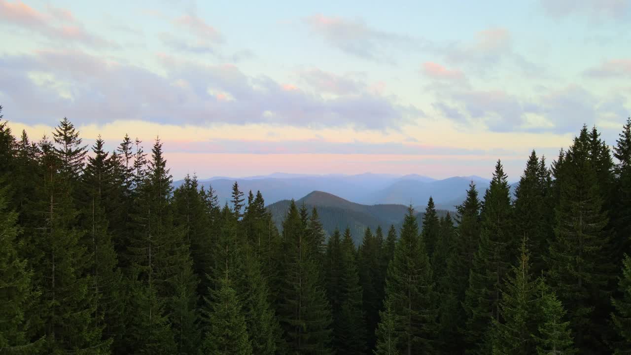 秋季日出时，鸟瞰明亮的雾蒙蒙的早晨，在黑暗的山峰上俯瞰山林树木。黎明时分的野生森林的美丽景色视频素材