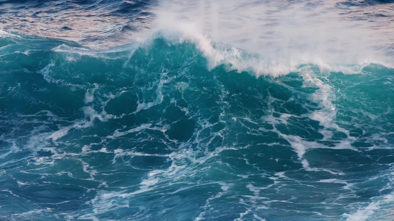 强力海浪撞击的慢镜头。大海或大海的大风暴的海浪清澈的绿松石水与泡沫白色的纹理视频素材