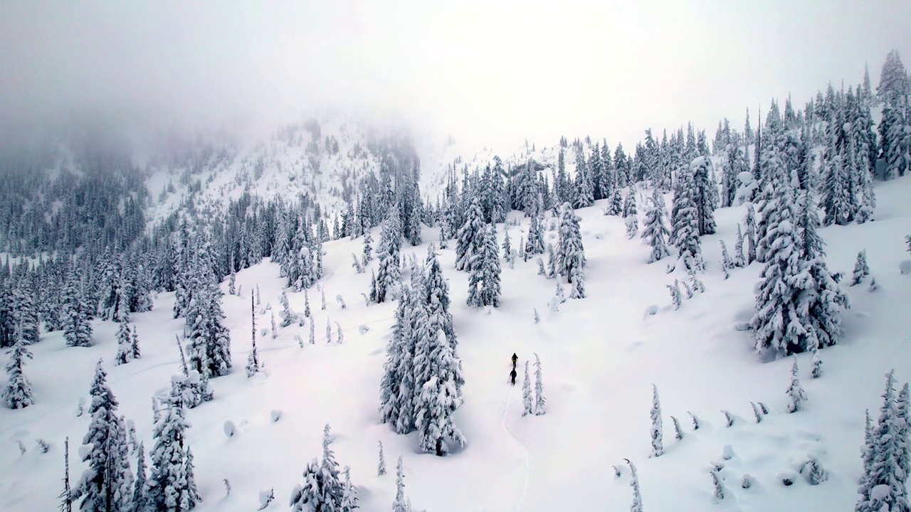 滑雪旅行的无人机镜头视频素材