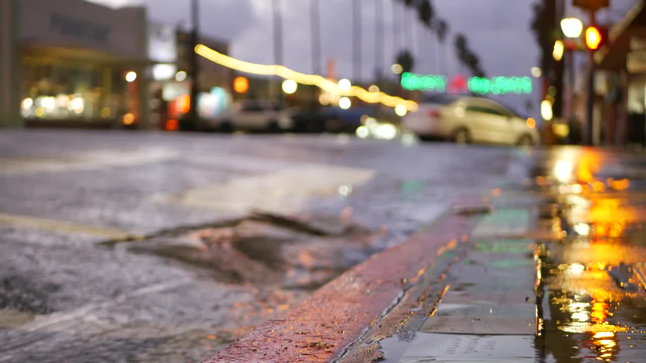 雨天道路上反射的灯光。棕榈树和降雨，加利福尼亚。视频素材