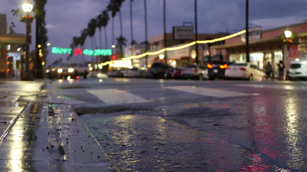 雨天道路上反射的灯光。棕榈树和降雨，加利福尼亚。视频素材