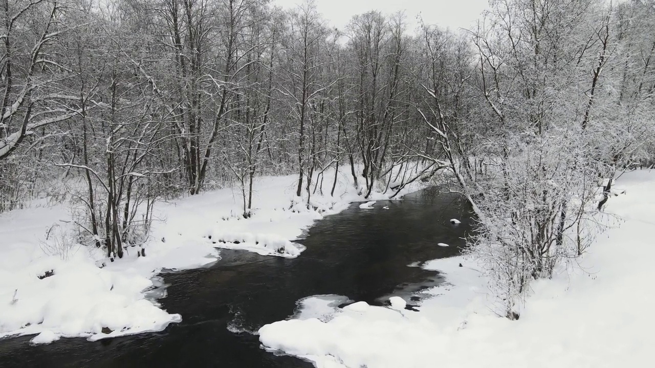 雪景与狂风暴雨的河流，鸟瞰图。视频素材