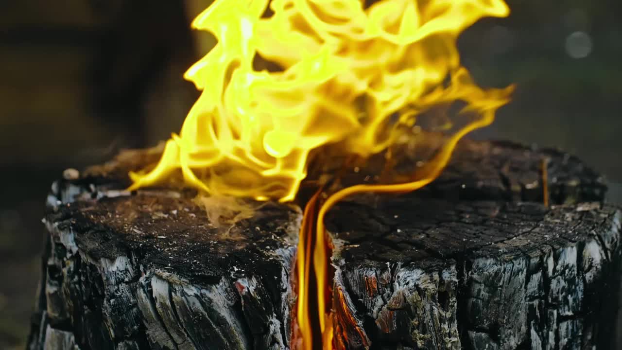 瑞典或芬兰的圆木蜡烛。晚上，火在木头里面燃烧。在火上做饭视频素材