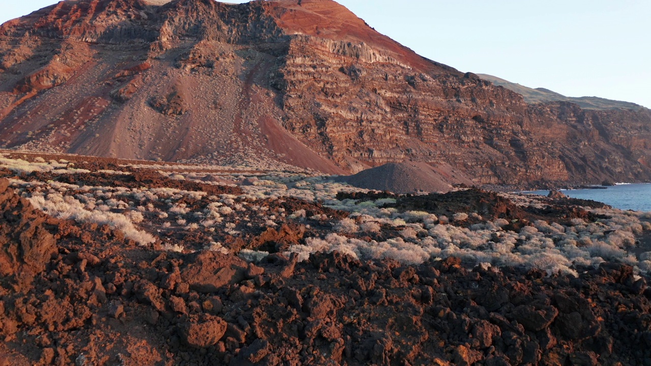 空中摄影车行驶在长满白色灌木丛的棕色火山熔岩上视频素材