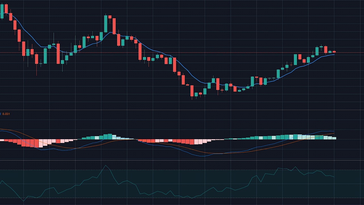 交通股票交易图形的加速形式。股票市场，外汇，蜡烛，SMA, MACD, RSI, ATR指标视频素材