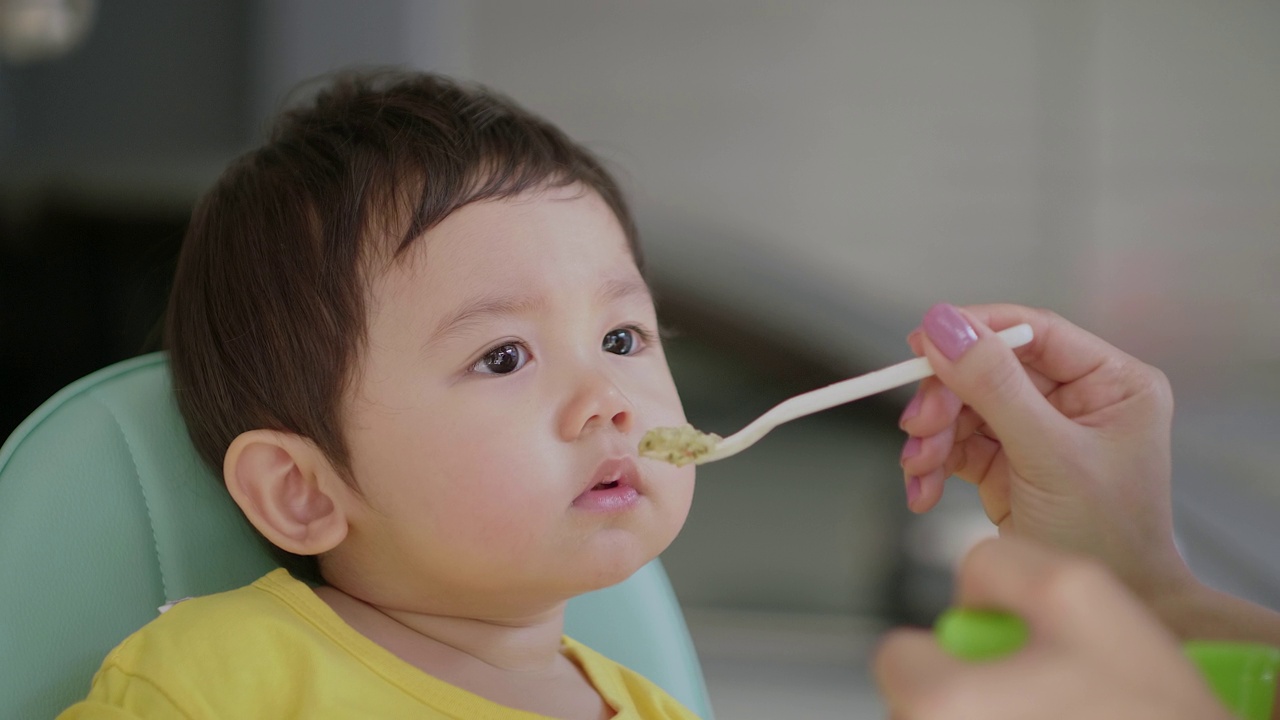 婴儿坐在高脚椅上，由母亲喂奶视频素材