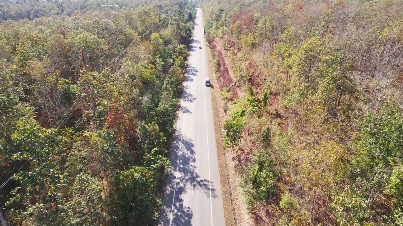 鸟瞰图，琅江道石灰岩山与公路之间的秋天森林在明亮的一天视频素材