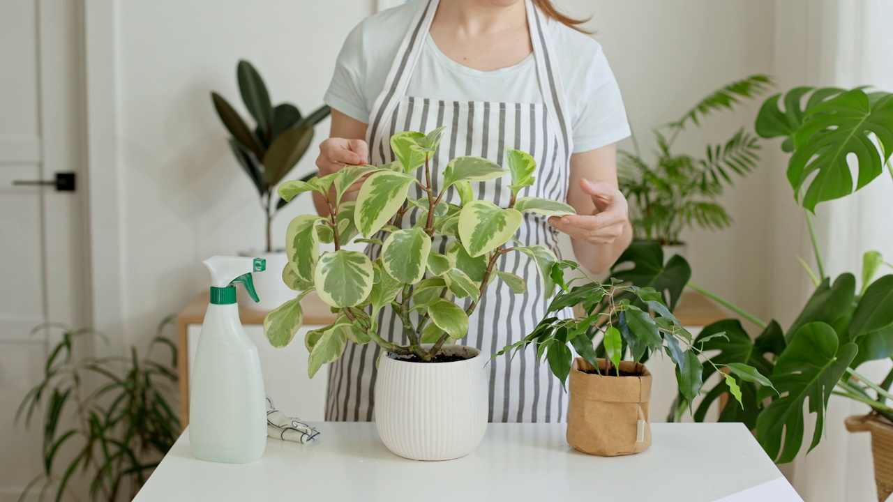 穿着围裙的妇女在家里喷洒和清洁室内植物。春天来照料植物。园艺概念，爱好，家庭生活方式视频素材