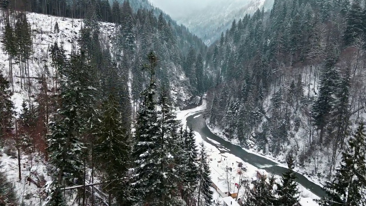 空中无人机视图的山谷与河流，山上覆盖着裸露的森林，冬天，雪，罗马尼亚视频素材