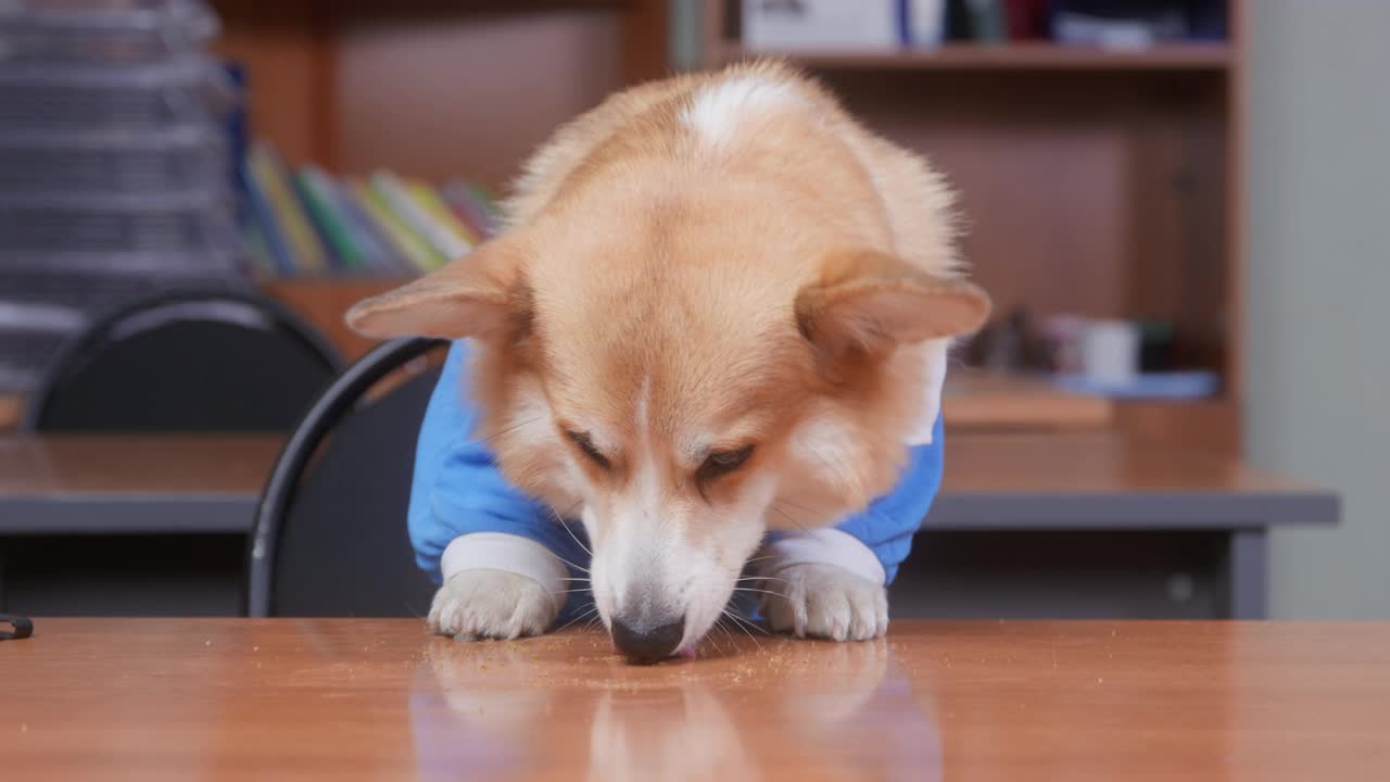 淘气的威尔士柯基犬彭布罗克(Pembroke)或羊毛开衫犬(cardigan dog)会在主人走神的时候把爪子放在桌子上吃东西，现在它们会偷偷地舔剩下的食物碎屑视频素材