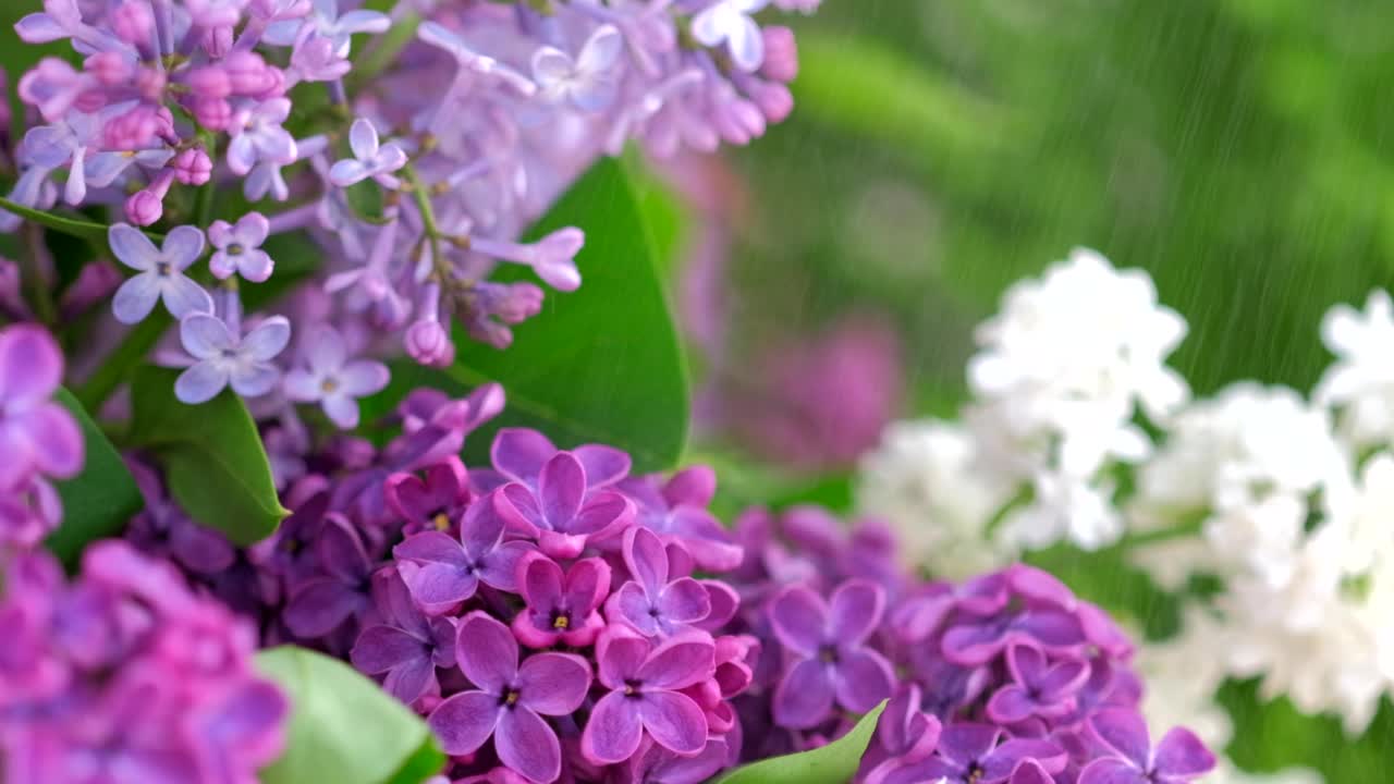 雨后美丽的丁香花。自然背景。迷离的花香浪漫的春天背景视频素材