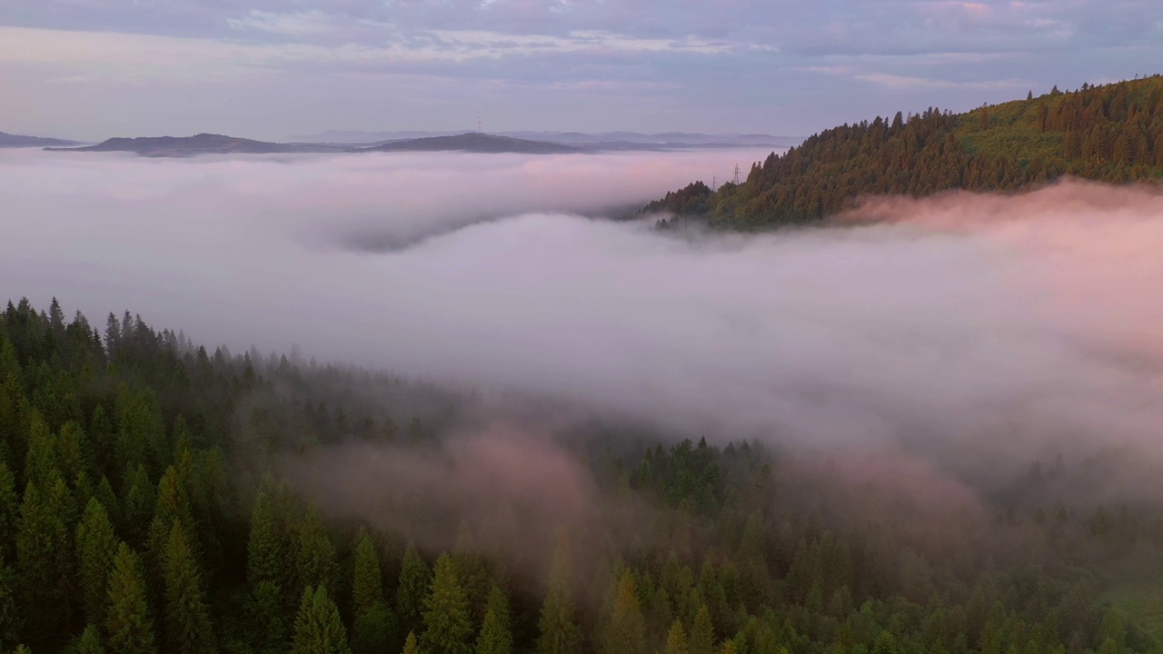无人机在浓雾笼罩的山谷上空飞行。视频下载