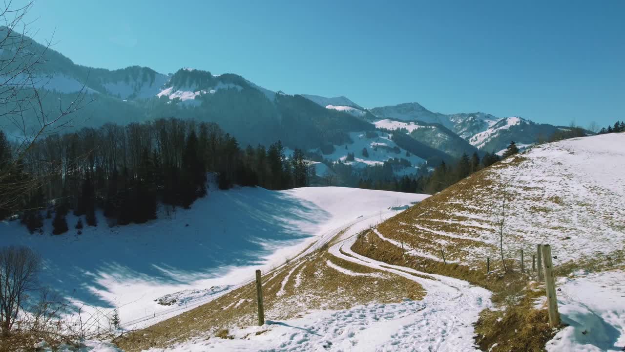 风景山顶冬季森林无人机飞行在冰天雪地的树顶在巴伐利亚，德国阿尔卑斯山梦幻的天然冰森林。从上方鸟瞰雪树。贝希特斯加登自然户外远足视频素材