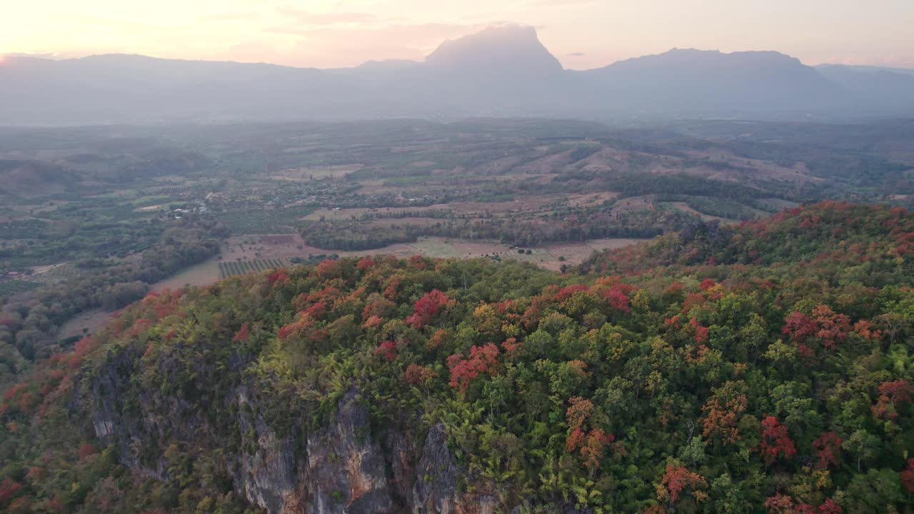 鸟瞰Doi Luang Chiang Dao山峰和乡村石灰岩山上的彩色森林视频素材