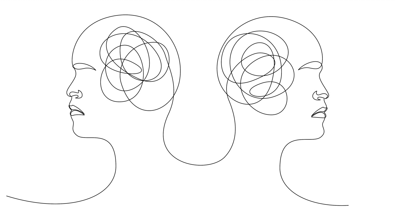 自己画一条连续的线的动画混淆了思想概念。两个人的大脑以一团缠结的形式呈现出条件图像视频素材