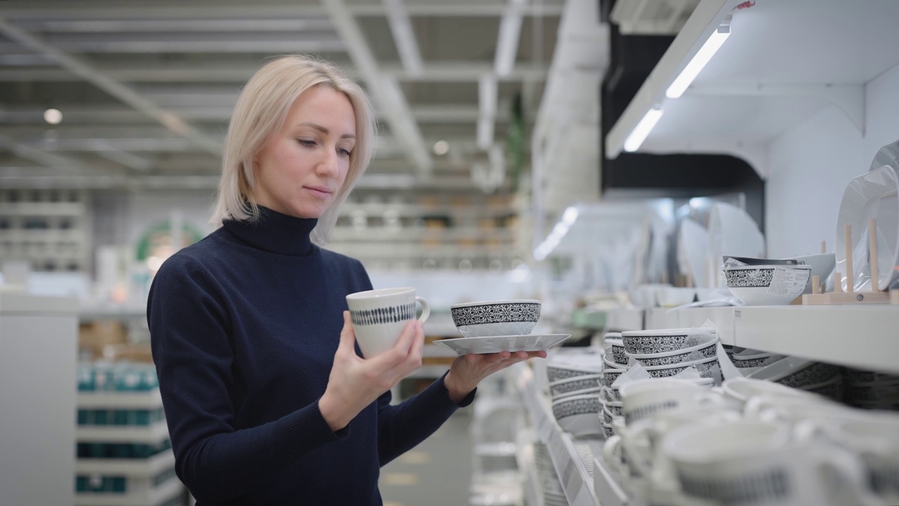 一个年轻的女人在厨房用具店。漂亮的女人选择茶碟和杯子视频素材