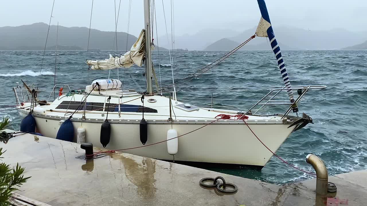 暴风雨中，游艇在波浪上拍打着城市的堤岸。视频下载