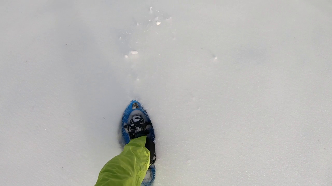 塞纳克罗伊茨-一个人穿着雪鞋在新鲜的雪中行走在阿尔卑斯山，塞纳克罗伊茨，斯蒂里亚，奥地利。视频素材