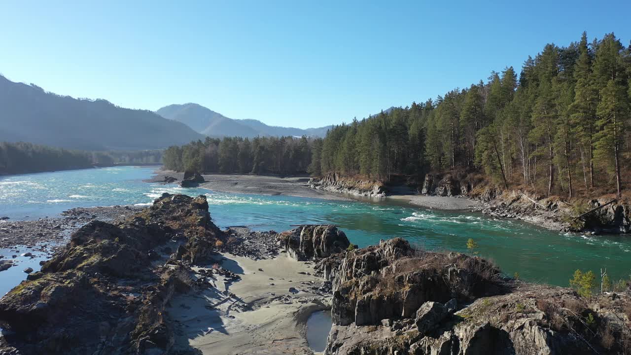 阿尔泰自然景观。观赏阿尔泰卡顿河和松林视频素材