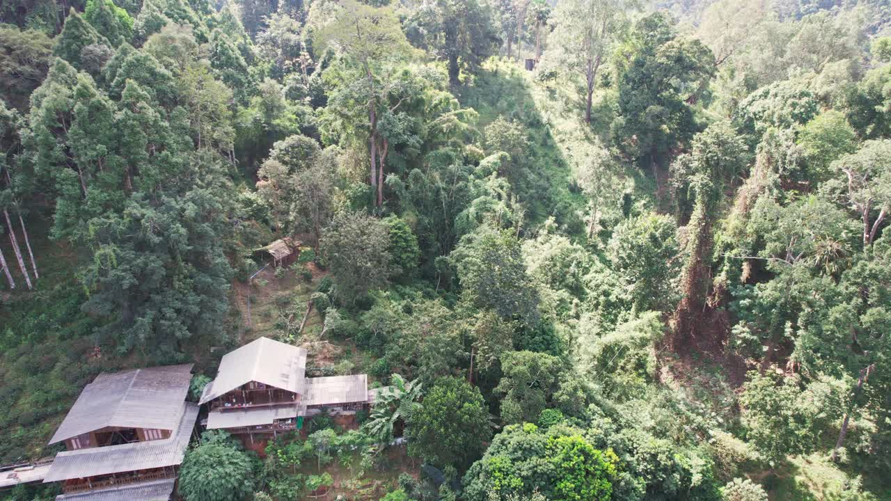 鸟瞰图，在乡村热带雨林的山谷中，传统的乡村与木制家庭住宿视频素材