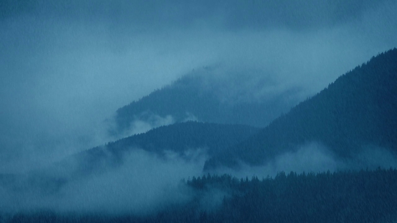 森林山脉上的浓雾和大雨视频素材