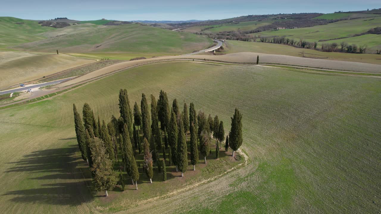 圣基里科附近托斯卡纳的一群柏树。圆形鸟瞰图，柏树在Val D'Orcia，意大利视频素材