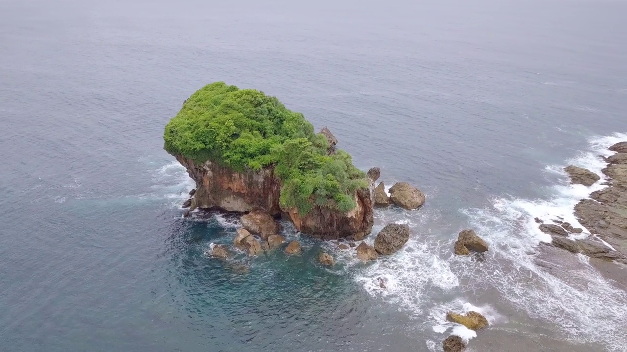 无人机拍摄的珊瑚岛被绿树覆盖，被热带海滩的海浪拍打着。视频素材