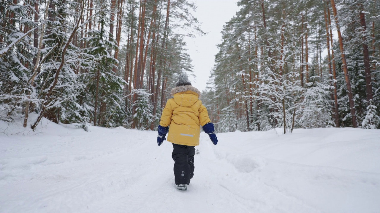 寒假里，小男孩在雪原中漫步，后视镜中，蹒跚学步的孩子正在雪地里行走视频素材