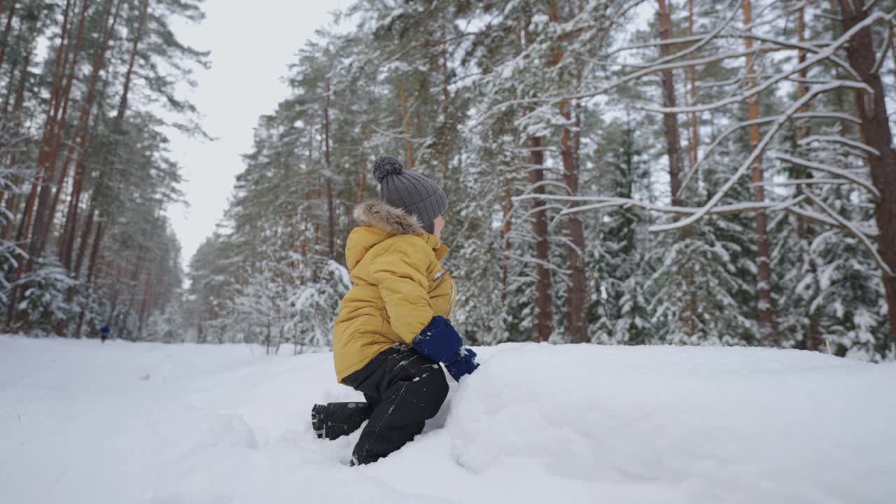 可爱的小男孩在冬天的森林里玩雪，快乐的孩子穿着暖和的夹克微笑视频素材