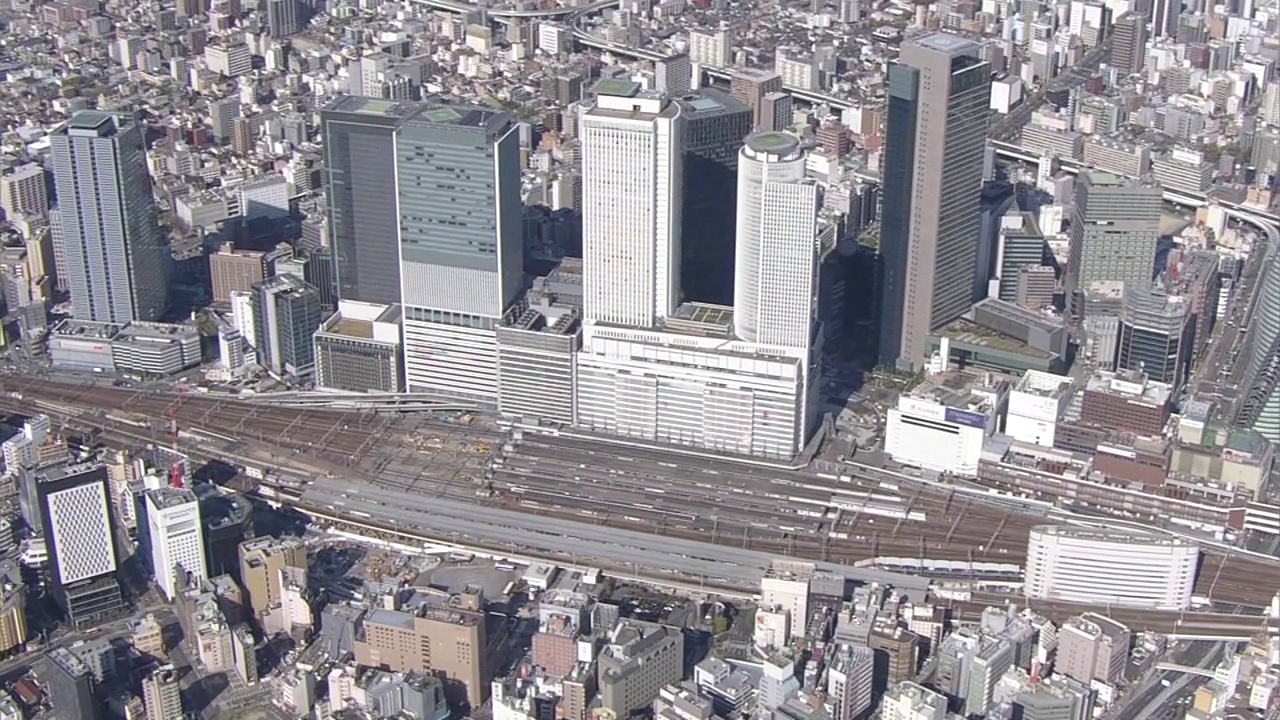 空中，日本爱知县名古屋站周围视频素材