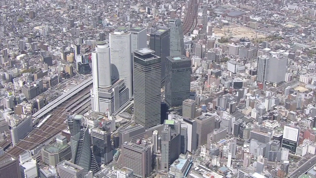 空中，日本爱知县名古屋站周围视频素材