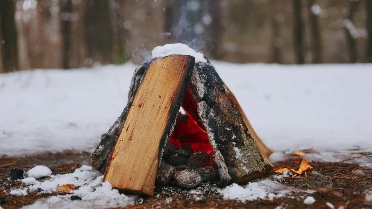 在冬天的雪地里燃起篝火。冬天的野餐。野餐后，火被雪扑灭了视频素材