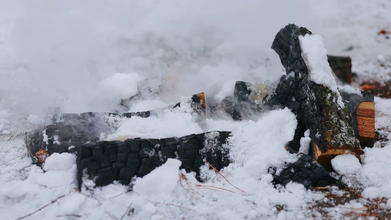 在冬天的雪地里燃起篝火。冬天的野餐。野餐后，火被雪扑灭了视频素材