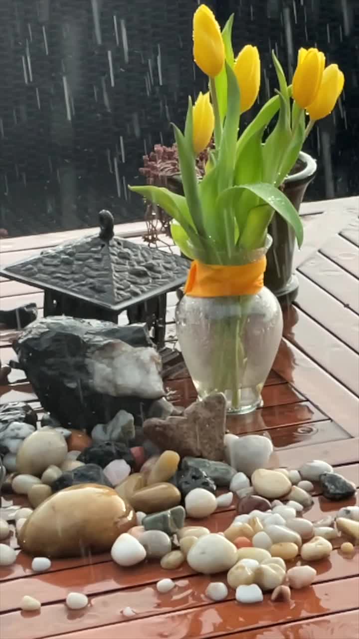 雨滴落在郁金香和岩石的背景上视频素材