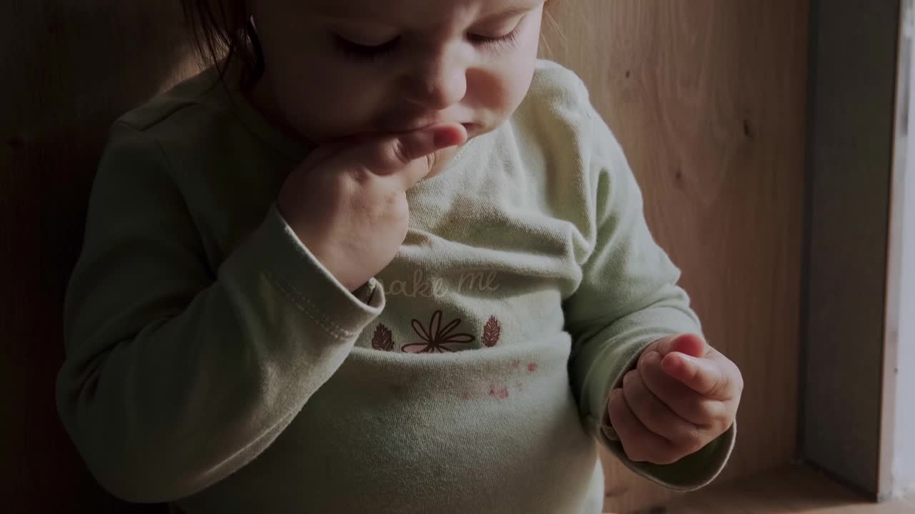 一个小女孩坐在厨房里急切地吃着一个橘子的视频。素食健康食品。有机食品。的手。视频素材