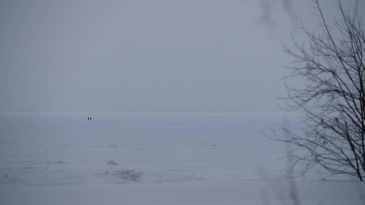 全景图:两个人走在冰雪覆盖的波罗的海上视频素材