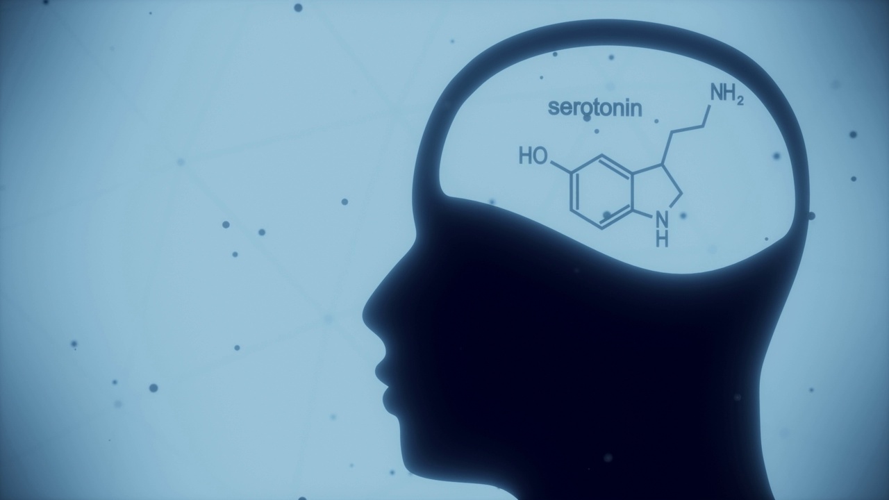 人类头部荷尔蒙血清素的配方。连接的线与点背景。视频素材