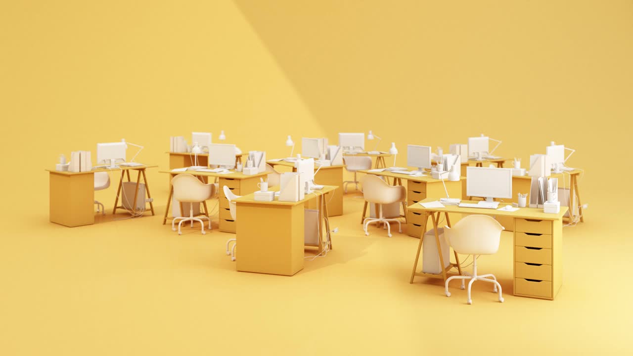 最小的概念，电脑在桌子和椅子黄色与复制空间为您的文本。3d渲染动画循环视频素材
