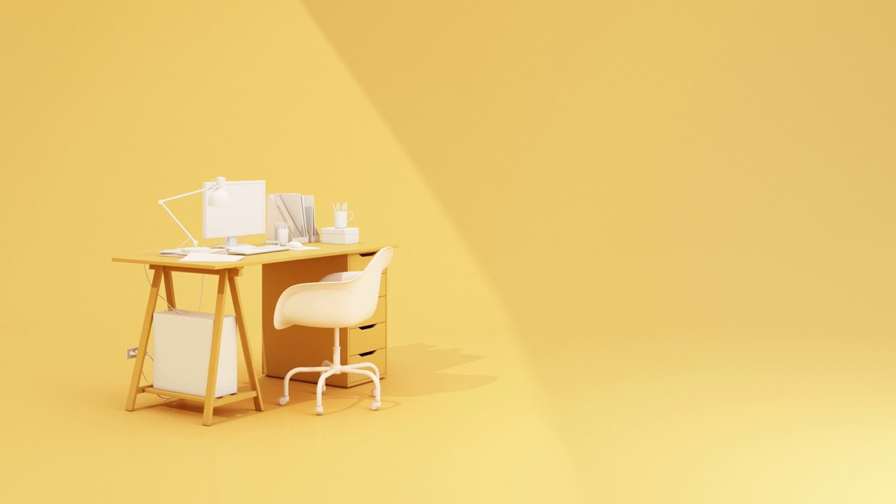 最小的概念，电脑在桌子和椅子黄色与复制空间为您的文本。3d渲染动画循环视频素材