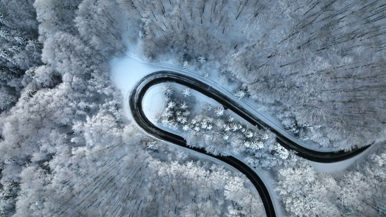 在冬季，山脉蜿蜒曲折的道路鸟瞰图无人机直接拍摄覆盖在积雪上的树木视频素材