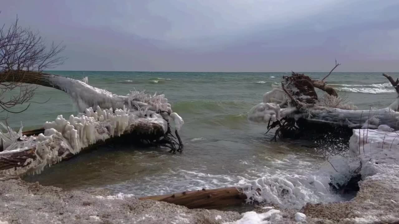 冬天，冰冷的海滩上的潮水视频下载