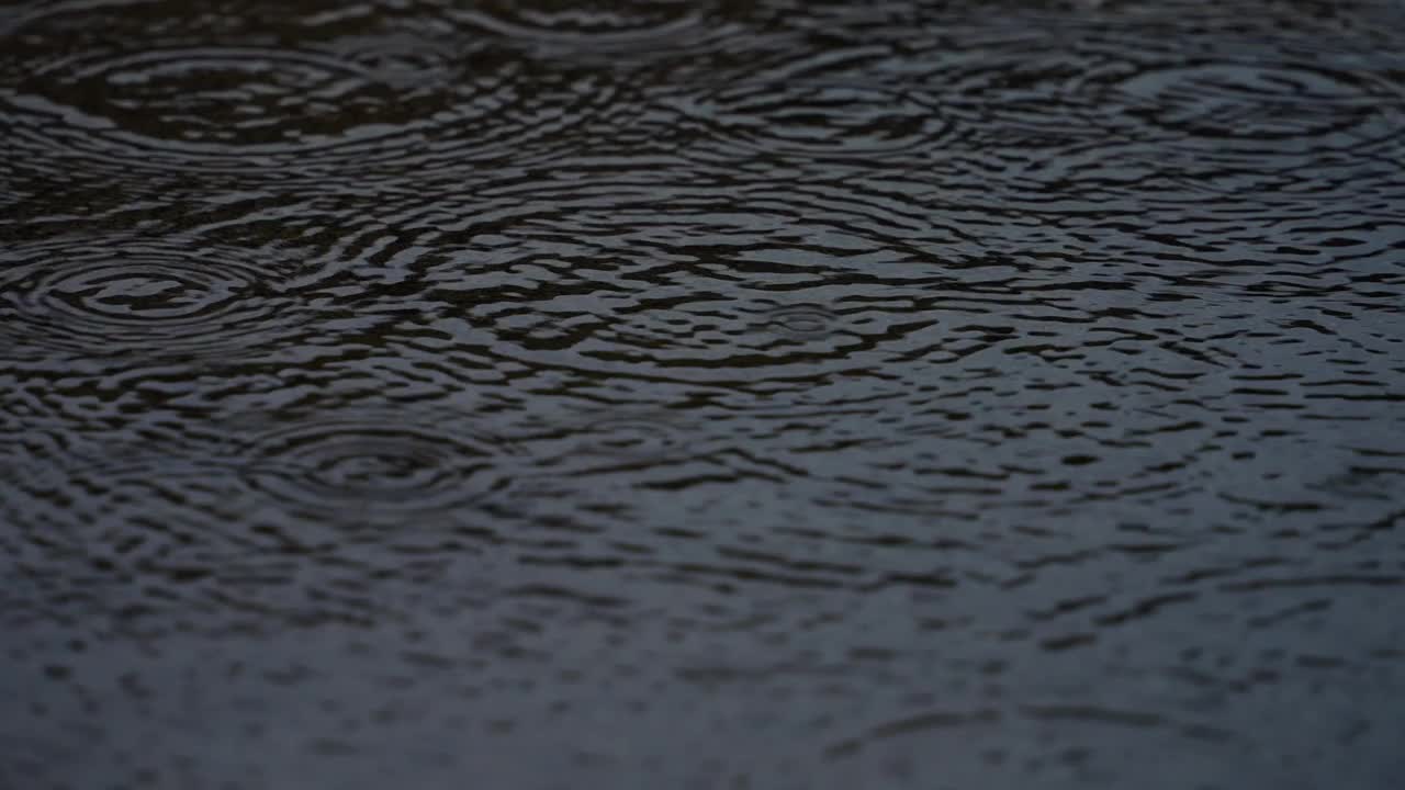 4K慢动作视频，在一个下雨天，涟漪在水坑上蔓延。视频素材